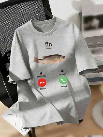 Fih" Misspelled Fish Graphic Short Sleeve Classic Heavyweight T-Shirt For Women, Unisex Soft Breathable Casual Top, Suitable For Summer Daily Wear, Outings, Parties, School, Music Festivals, Vacations, Work, Also Makes A Great Gift For Family, Boyfriend/Girlfriend, Friends