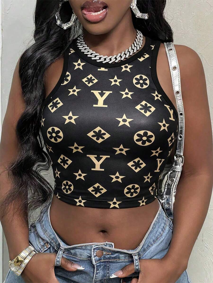 Women Spring Summer Casual Daily Monogram Print Cropped Tank Top,Slim Fit & Navel-Baring Sleeveless Top,Perfect For Daily,Commuting, Party,Vacation, New Year,Valentine's Day Outfits - Black - View 1