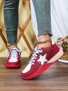节日红色休闲运动鞋，新年闪亮设计，欧美风户外滑板鞋，性感热情的红色鞋底，系带，圆头，低帮，耐磨，多功能，情人节礼物，休闲外出，派对，女士运动鞋 - 紅白色 - 查看 2