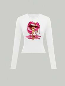 女士白色嘴唇印花长袖修身上衣，性感图案T恤，适合约会和外出穿着 - 白色 - 查看 6