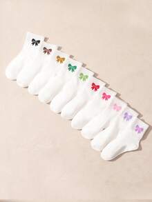 10双装女童纯色蝴蝶结休闲中筒袜，春秋季 - 白色 - 查看 3