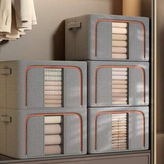 1 st grå förvaringslåda i tyg, hopfällbar garderobslåda med stor kapacitet, lock, handtag och stålram, dammtät och fukttät, lämplig för förvaring av kläder, filtar, leksaker etc., mångsidig förvaringslåda för sovrumsgarderobsorganisation, vinterförvaringstillbehör, heminredning