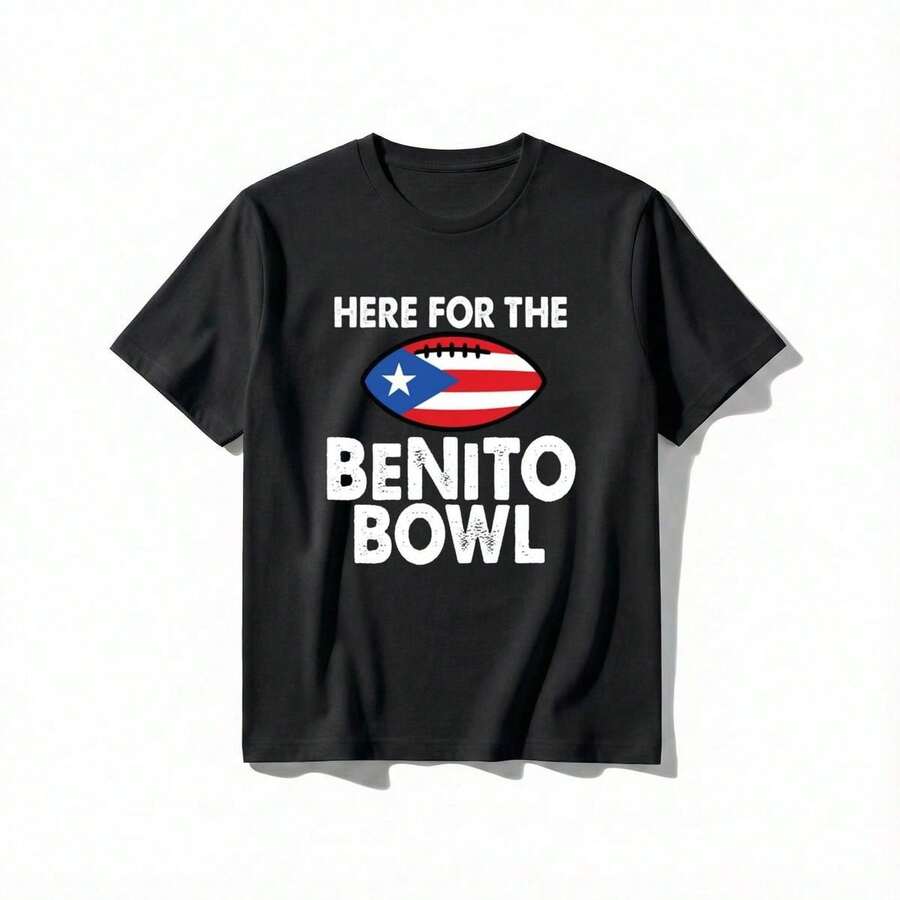 Camiseta de algodón Here BENLlTO Bowl Tee con gráfico de bandera de Puerto Rico, camiseta unisex de verano, cuello redondo, mangas cortas - Negro - Ver 1