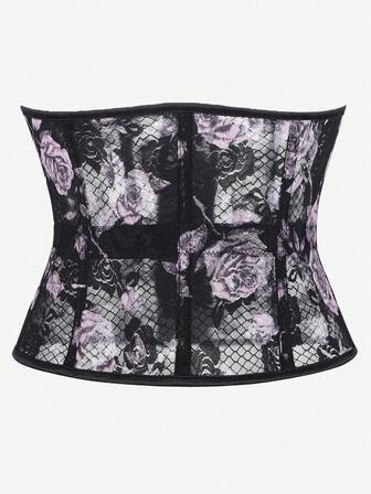 Underbust Printed Corset Top, Short Length Waist-Cincher Bodysuits, Palace Bustier Lace-Up Back, Waist Belt