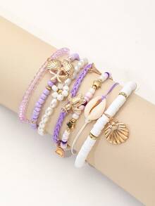 7件套ins风海星贝壳串珠手链套装，珍珠编织弹力可调节手链，女士款 - 金色 - 查看 3