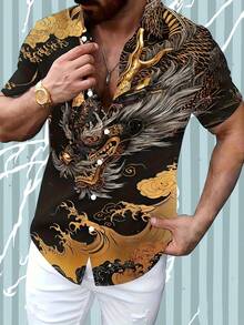 Men'S 3D Dragon Print Shirt - Asian Culture Style, Bold Graphic Print, Short Sleeve, Casual Summer Wear, Black With Golden Accents, Stylish Lapel Collar, Comfortable Fit For Casual Attire - 彩色 - 查看 7