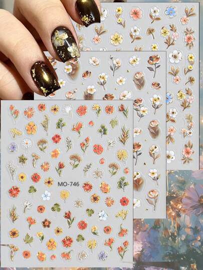 3/6 Sheets Elegant 5D Flower Nail Art Stickers With Gold Foil, Boho Botanical Nail Decals For Salon & Home Use