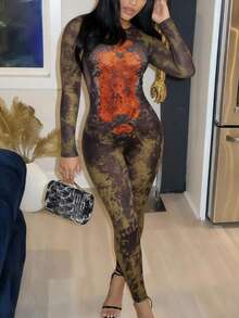 DOUCIU Mesh Fabric Graphic Print High Waist Slim Long Sleeve Jumpsuit Night Club Event Outfit - Orange - View 5