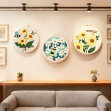 DIY蝴蝶、蜜蜂、向日葵刺绣戳针套装，十字绣套装，魔术针刺绣套装，包含绣线、印章和连接工具 - 米色 - 查看 4