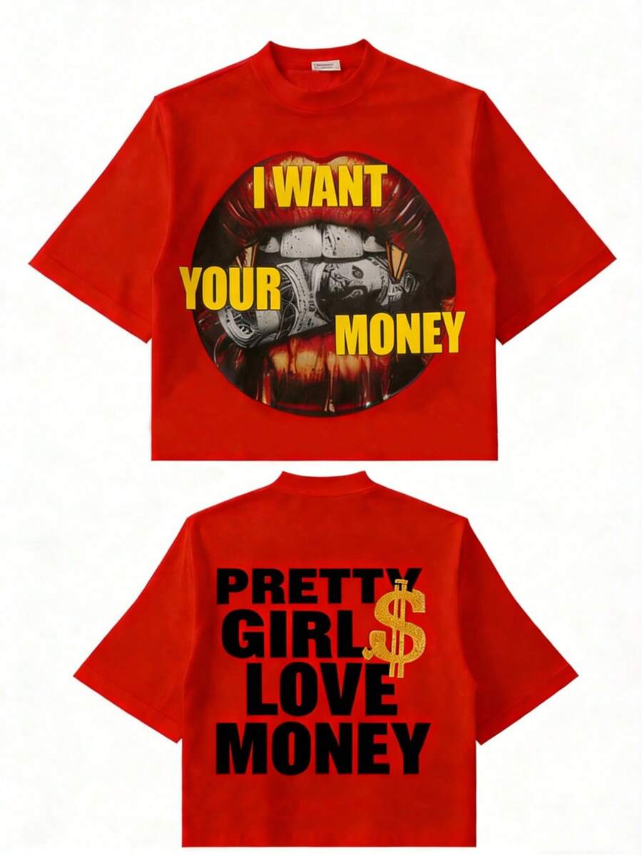 Fly "I Want Your Money" Hip-Hop Flow T-Shirt Pure Cotton Double-Sided Printed T-Shirt, Suitable For Men And Women,Top Pick Gift For Summer Casual Tees - 紅色 - 查看 1