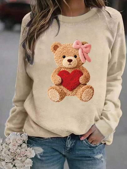 Bowknot Heart Bear Print Crewneck Sweatshirt, Featuring Soft And Cute Sweet Elements With A Unique Design. Plus-Size Knitted Sweatshirt With A Crew Neckline, Long Sleeves, Ribbed Knit Details, Winter Lining, Women's Sweatshirt, Pullover, Plus-Size Activewear, Plus-Size Women's Clothing, Suitable For Autumn And Winter, Comfortable Loose Fit, Plus-Size Autumn And Winter Apparel, Perfect For Everyday Wear.