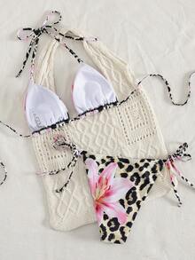 Bộ đồ bơi bikini hở lưng buộc dây phía trước họa tiết hoa gợi cảm, kỳ nghỉ ở bãi biển, xuân/hè - màu nâu - Xem 6