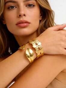 1pc/2pcs Fashionable Stainless Steel 304 Bangle Bracelet For Women, Adjustable Open Cuff, Suitable For Daily Wear And Party, Great Valentine's Day Gift - Yellow Gold - View 1