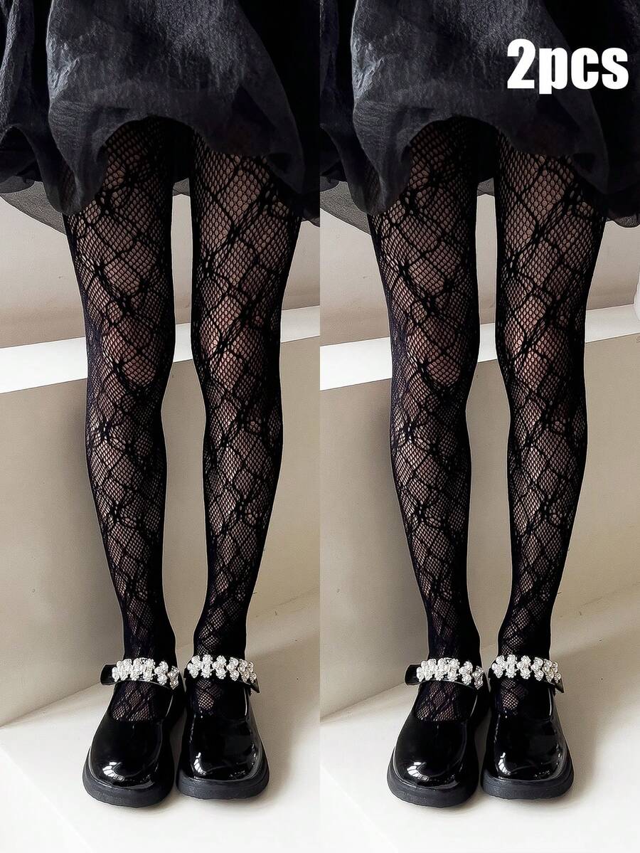 2pcs Girls' Mesh Hollow Leggings, Cute & Sweet Skinny Tights, Spring/Summer