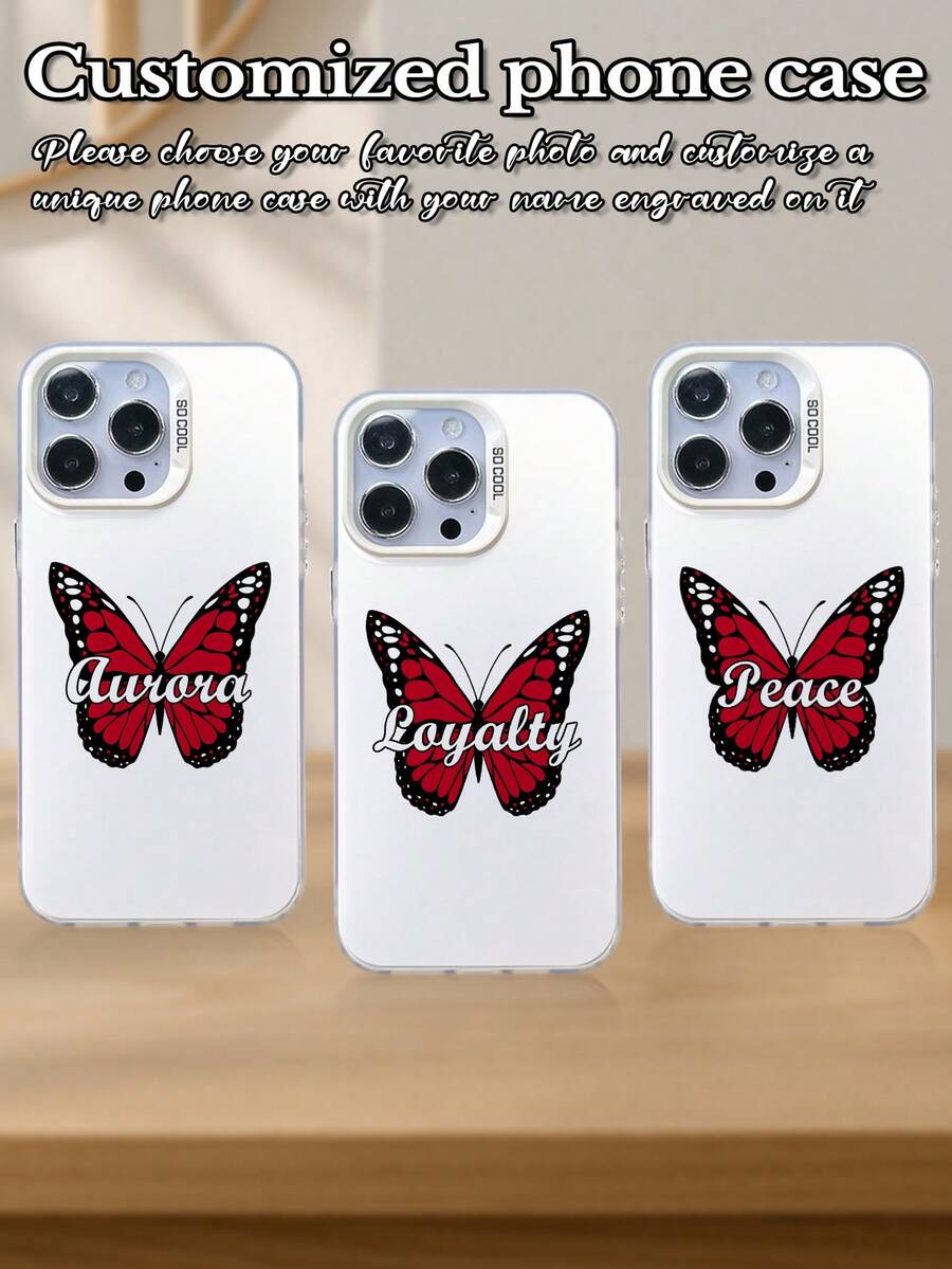 1 pieza Funda de teléfono protectora con lente hueca blanca y texto de mariposa personalizado, compatible con iPhone 17 Air, 16, 15, 14, 13, 12, 11 Pro Max - Blanco - Ver 1