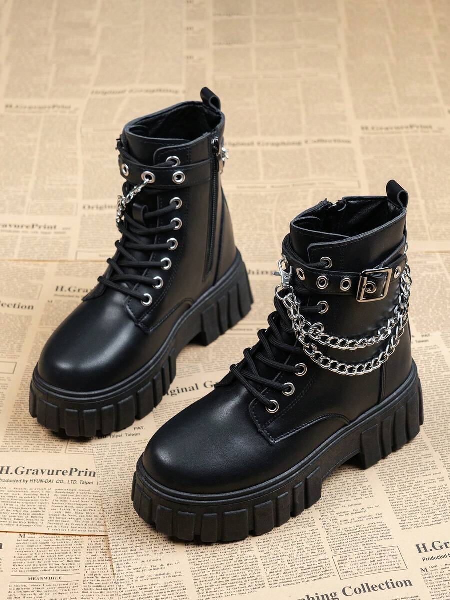 [Free Returns And Exchanges][Local Delivery][Quick Arrival][Classic Boots Series]New Classic Women's Black Mid-Calf Boots Boots Easy And Comfortable To Wear Women's Platform Boots Suitable For Parties Lace-Up And Zipper Fashionable Style Women's Boots With Silver Chain - 黑色 - 查看 1