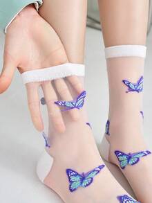 6双/4双/2双/1双 女士彩色蝴蝶花朵中筒袜，薄网眼面料，时尚可爱镂空设计，夏季 - 彩色 - 查看 6