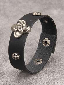 时尚骷髅头合金皮手链，可调节扣环，适合狂欢节、摇滚音乐派对等场合，男女皆宜。