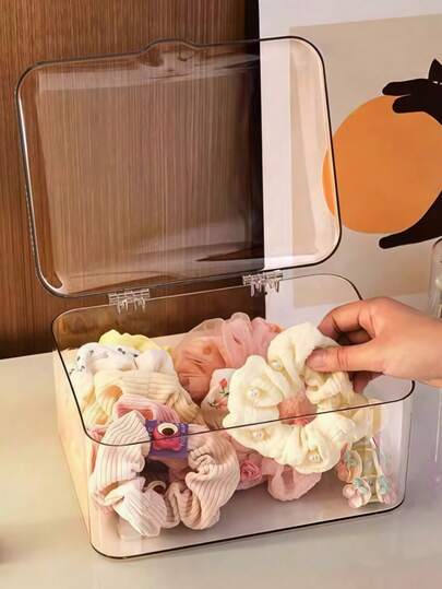 1pc Transparent Dust-Proof Flip Cover Storage Box, Suitable For Hair Clips, Headbands, Elastic Bands, Desktop Organizer, Stackable Drawers, Applicable For Vanity, Bathroom, Gift For Girlfriend