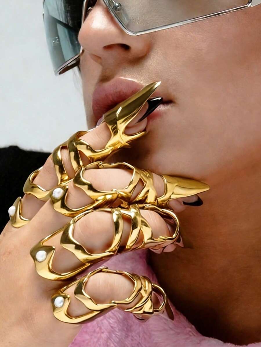 1件装时尚机械镶嵌仿珍珠镂空爪形关节戒指，朋克爪形指套关节保护套，男女通用 - 彩色 - 查看 1