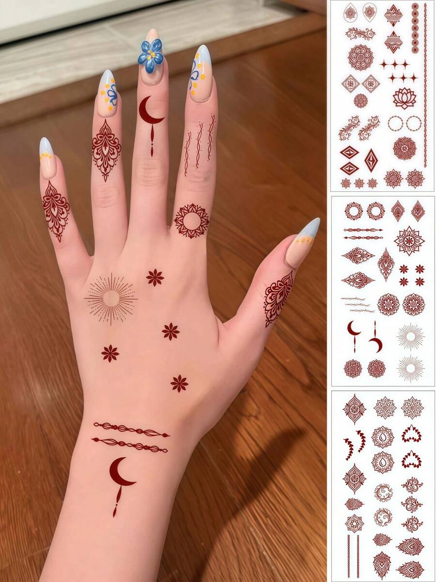 3张海娜临时纹身贴纸，红色曼陀罗图案，防水海娜纹身贴纸，曼陀罗手部纹身，适用于节日、斋月装饰、女士化妆、新娘婚礼、情人节、斋月配饰 - 棕色 - 查看 1