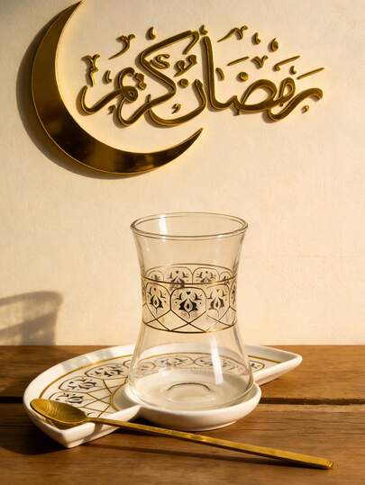 2 Stücke Luxus Kaffeetassen Set - Ramadan Geschirr Set, goldfarbene Tulpen Glas Tasse und Keramik Untertasse, romantisches Nachmittags Tee Tassen Set, geeignet für Tee Party, Ramadan Geschenk, Einweihungsparty, Hochzeit