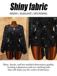 大码女式优雅闪亮毛绒面料黑色流苏腰带蝴蝶结设计圆领灯笼袖音乐会时尚百搭外套上衣，轻薄透气，适合派对、夜店等场合 - 黑色 - 查看 7