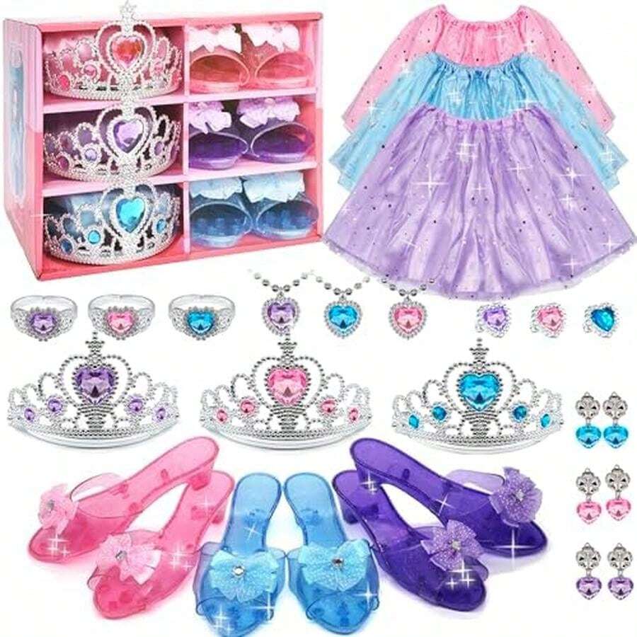 Ropa de princesa para niñas, disfraz de niña con faldas, zapatos, corona y joyas de juego, juguetes de princesa para niñas de 3, 4, 5, 6 años, zapatos para niños, idea de regalo para cumpleaños - / - Ver 1