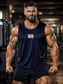 男士纯色无袖健身背心，适合肌肉锻炼和健身。 - 藏蓝色 - 查看 2