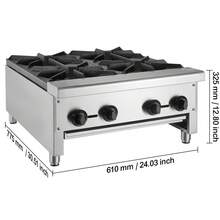 Estufa de gas comercial con 4 quemadores, Gama de estufas de cocina de encimera de propano y gas natural, Placa caliente de gas de acero inoxidable, Equipo de cocina comercial para restaurante,112.000 BTU - 4 quemadores - Ver 10