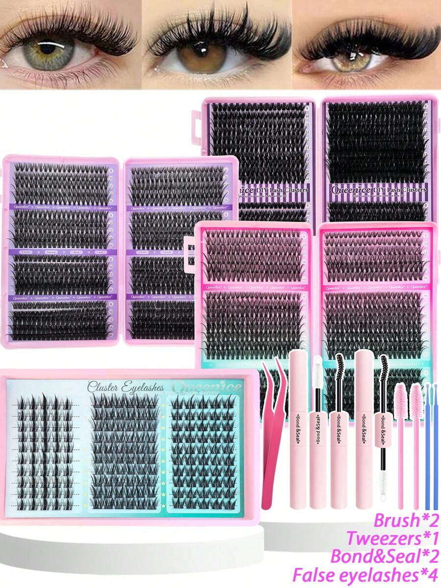 Queenice 2560/800/160PCSLarge-Capacity False Eyelash Set: Mixed-Style Lash Extension Set With Natural/Dense/Extra-Thick/Manga Styles. Suitable For Parties, Festivals, Weddings. Reusable Individual Lashes - Multicolor - View 1