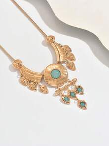 1pc Vintage Teardrop Tassel & Mixed Metal Shape Pendant Necklace, Fashionable Choker Necklace For Women, Versatile For Daily Wear, Parties, Holiday Gifts - Golden Yellow+Green - View 3