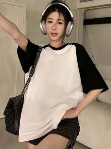 春夏休闲黑白撞色插肩袖宽松舒适日常街头风女式印花T恤 - 白拼黑 - 查看 6