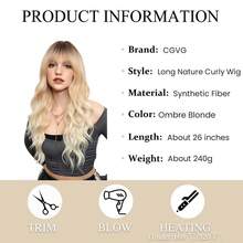 Peluca rubia ombre con flequillo, peluca larga y rizada ondulada ombre, peluca de cabello sintético para uso diario, fiestas, disfraces y cosplay - Peluca negra con flequillo rubio - Ver 3