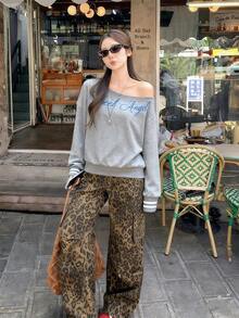 Women's Letter Print Oblique Shoulder Long Sleeve Casual Ribbed Sweatshirt, Everyday Wear - Grey - View 2