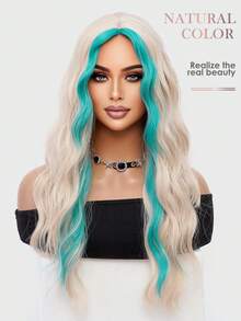 XOUJE 26英寸金色挑染绿色长波浪卷发合成假发，中分，适合女性佩戴。柔软蓬松，轻盈透气，时尚百搭，适合节日、约会、度假、摄影、角色扮演、优雅派对、音乐节、休闲聚会、洛丽塔风格等场合。 - 挑染綠色 - 查看 7