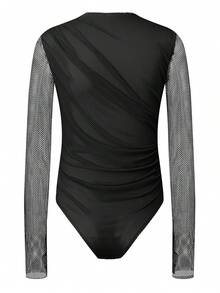 Womens Fishnet Overlay Bodysuit Long Sleeve High Neck Ruched Bodysuit Slim Fit Leotard Tops - Black - View 1