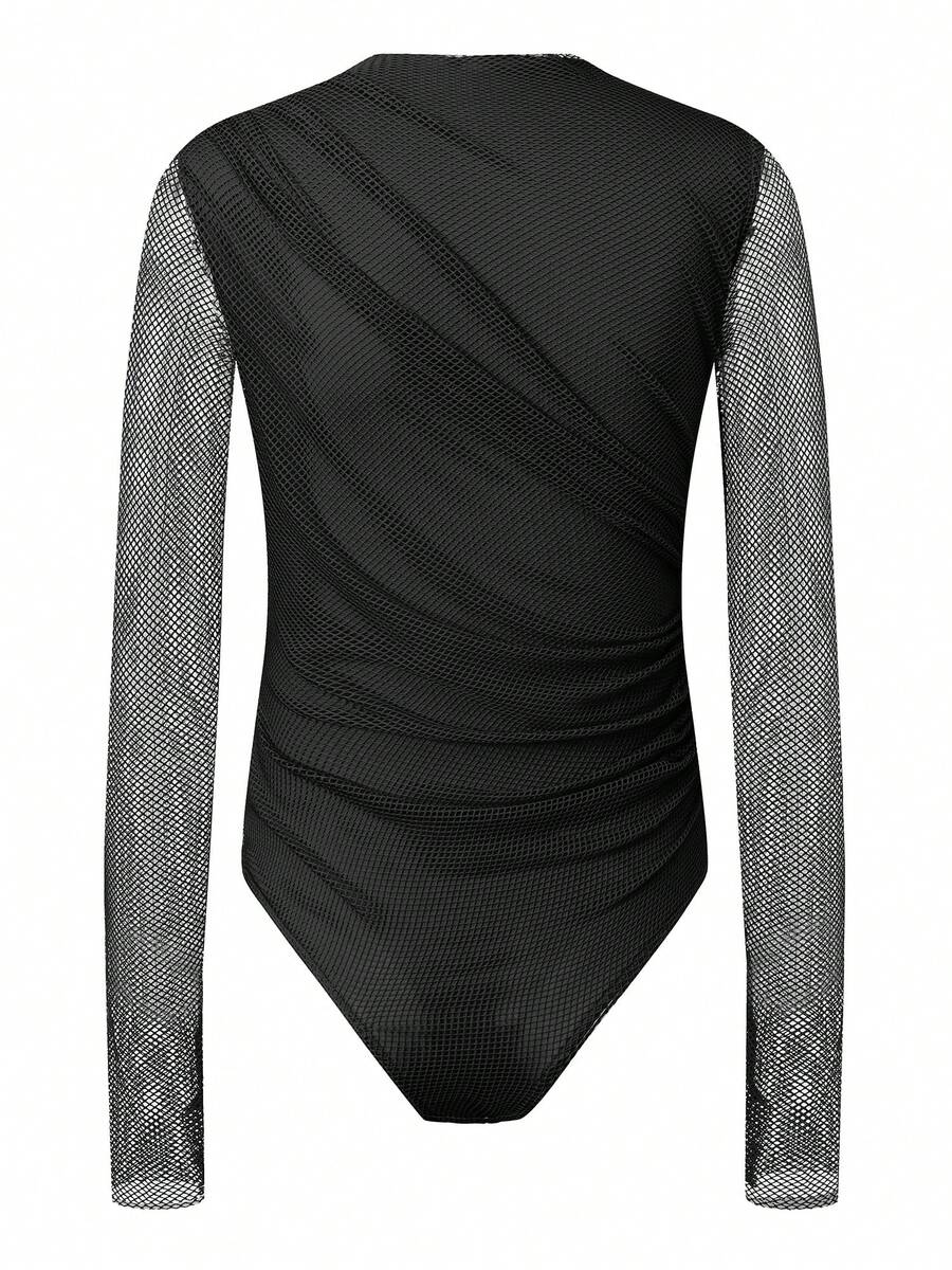 Womens Fishnet Overlay Bodysuit Long Sleeve High Neck Ruched Bodysuit Slim Fit Leotard Tops - Black - View 1