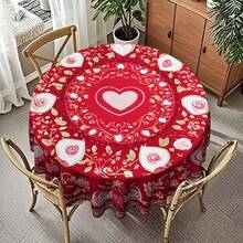 1pc Vintage Red Rose Theme Round Tablecloth, 48inch/122cm, 60inch/152cm Round With Vibrant Rose And Heart Patterns, Suitable For Mother's Day, Wedding, Restaurant, Kitchen, Living Room, Cafe, Date Night And Anniversary - Multicolor - View 3