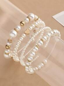 4 件套人造珍珠串珠心形吊坠手链首饰套装，适合儿童、女孩、日常、节日、派对