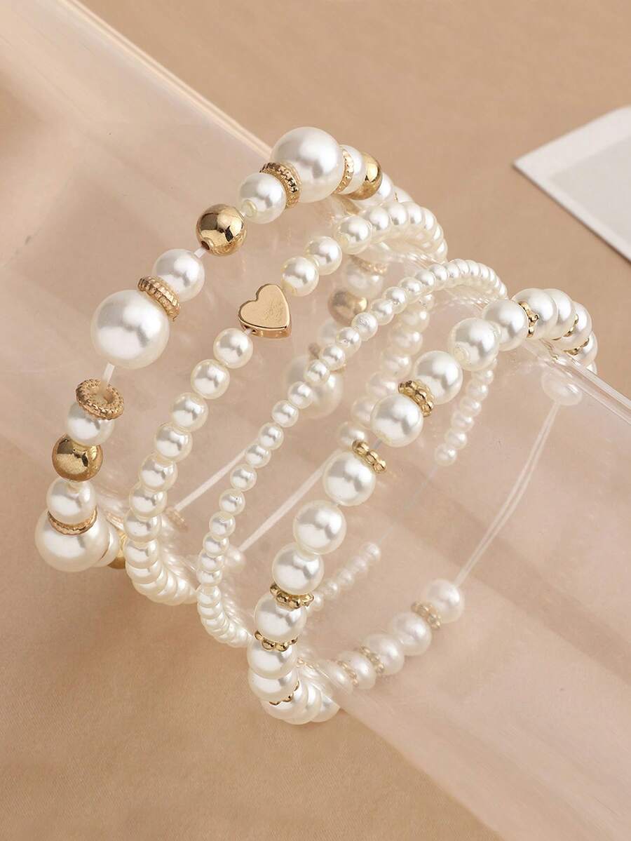 4 件套人造珍珠串珠心形吊坠手链首饰套装，适合儿童、女孩、日常、节日、派对