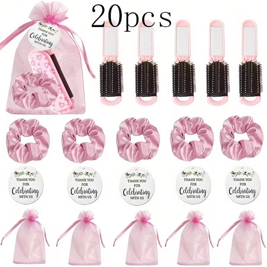 4/20pcs Set Includes Pink Heart Pattern Folding Hair Brush, Mirror, Cards, Drawstring Pouch, And Hair Ties, Suitable For Women, Bridesmaids, Wedding Gifts, Wedding Celebrations, Birthday Parties, Valentine's Day - Pink - View 1