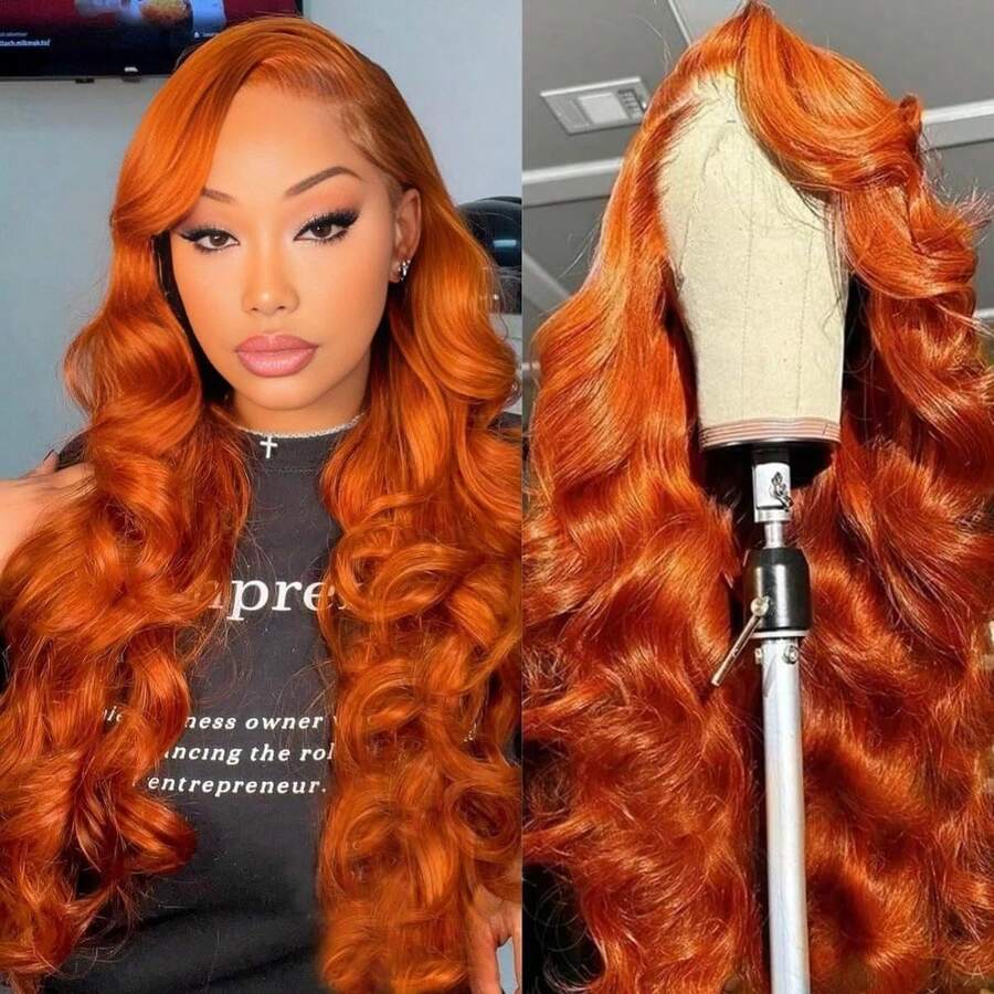 30 Inch Ginger Wig Human Hair 13x4 HD Lace Frontal Wigs Human Hair Body Wave Ginger Lace Front Wigs Human Hair Pre Plucked 200% 350# Ginger Orange Colored Wigs For Women - S350 - 查看 1