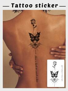 1pc Spinal Dark Rose Butterfly Temporary Tattoo Sticker, Semi-Permanent Waterproof Sweatproof Lasts 1-2 Weeks, Realistic Herbal Juice Effect, Non-Friction, Non-Reflective, Black, Unisex, Applicable To Arms, Chest, Legs, Abdomen, Waist, Fingers, Neck, Spine And Other Areas, Modern Minimalist Body Art - Black - View 2