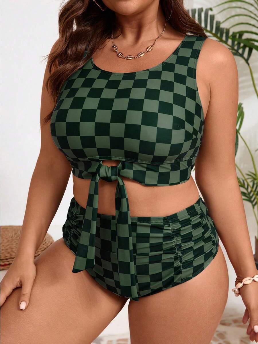 Women's Large-Size Fashionable Retro Checkered Bikini Swimsuit, Sexy Round-Neck Wrinkled Swimsuit That Conceals Fat And Makes The Figure Look Slimmer, Two-Piece Set For Separate Wearing. - Màu xanh lá cây đậm - Xem 1