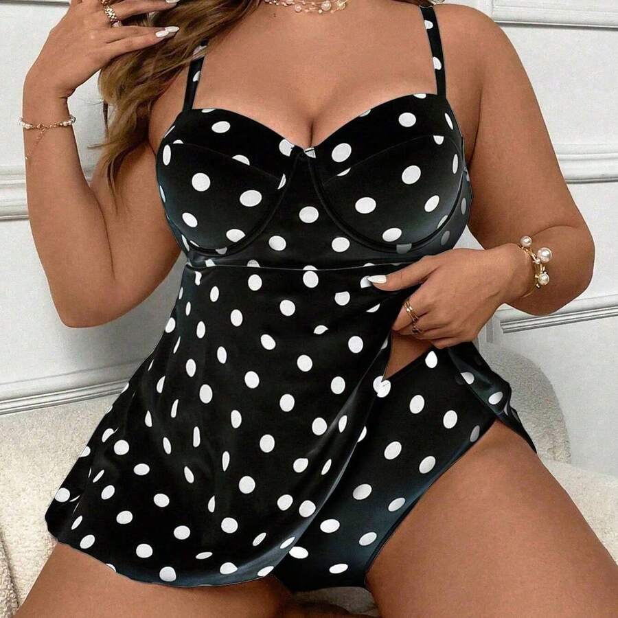 Large-Size Lady's Retro Polka Dot Dress-Style Swimsuit (With Underwear), Beach Vacation High-Waisted Tummy-Revealing Hip-Covering Bandeau Bikini Set - 黑色 - 查看 1