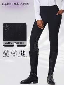 女士高腰紧身显瘦骑马裤，带口袋，紧身瑜伽马术服，高腰提臀修身骑马裤，硅胶防滑骑马裤，全座硅胶防滑速干骑马裤，耐磨，高弹透气，适合骑马、马术运动、户外活动、射箭、专业比赛、运动训练 - 黑色 - 查看 4