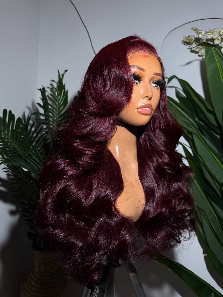 200% 32 34 Inches 99J Burgundy Colored Body Wave 13x4 HD Transparent Lace Frontal Wigs Human Hair Brazilian Pre Plucked With Baby Hair Wine Red 99J Colored Lace Front Wigs For Women - S99J - 查看 1