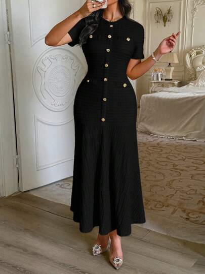 Unadoll Women's Autumn Black Tweed Midi Dress, Short Sleeve Button-Up Fitted Mermaid Dress Elegant
