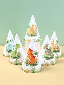 6pcs Green Leaf Dinosaur Birthday Party Paper Cone Hats, Animal Themed Party Supplies, Baby Shower Decorations, Baby Gifts - Dinosaur - View 3